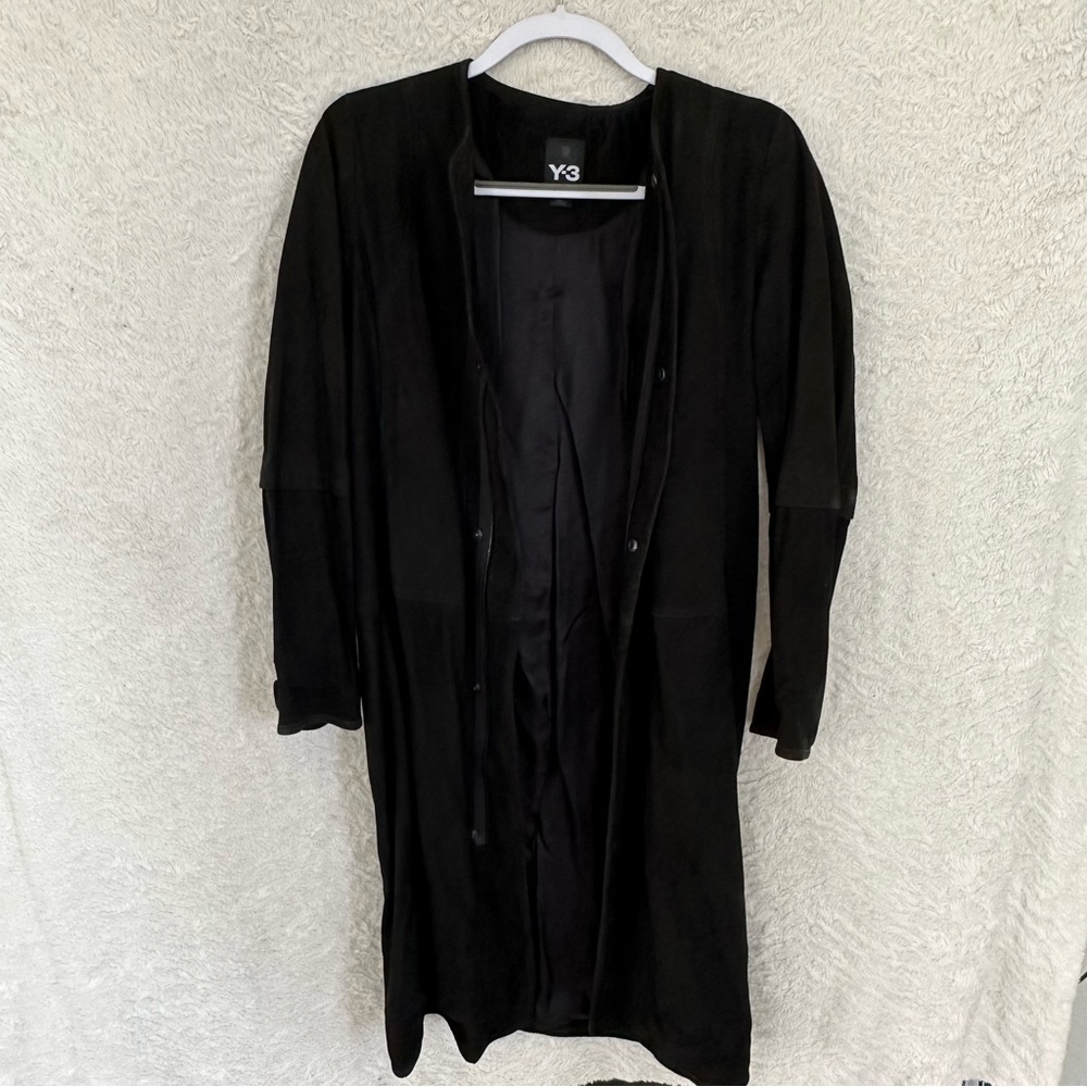 Y-3 Yohji Yamamoto Long Zip leather Jacket with ribbed side panel black